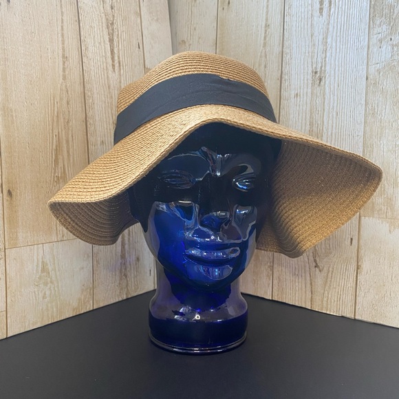 Woven Straw Wide Brim Sun Hat with Black Ribbon - Picture 1 of 7